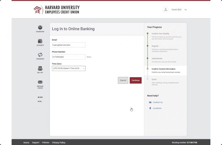 Confirm contact info in Harvard FCU online banking