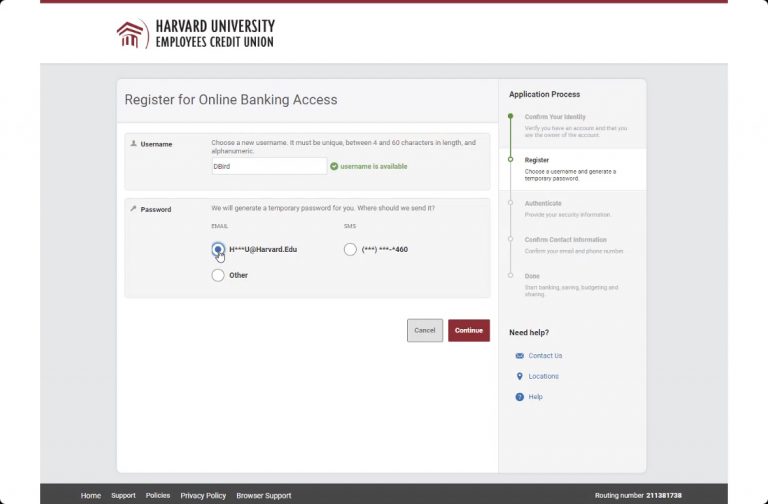 Choose username in Harvard FCU online banking